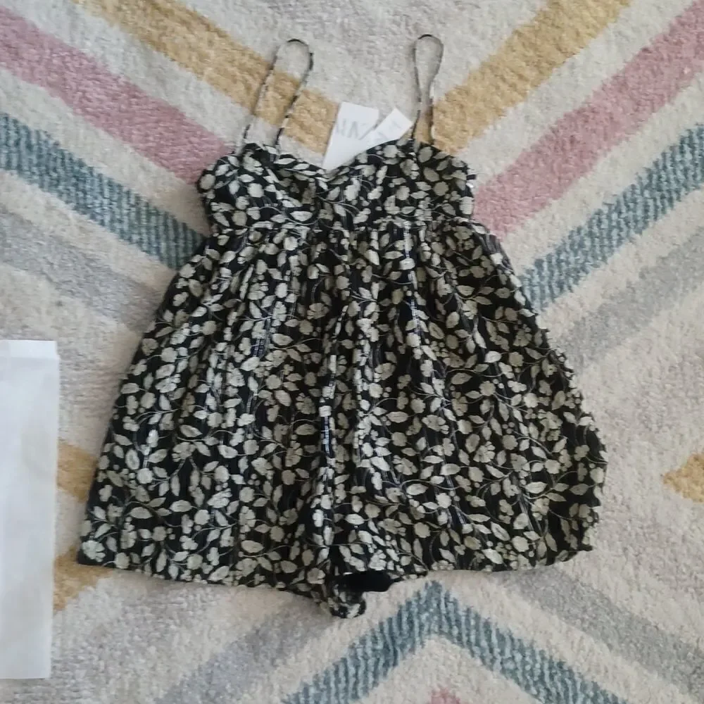 ZARA Black Floral Metallic Thread Romper NWT Sizes S M L Strappy Flowy Jumpsuit - Picture 5 of 12